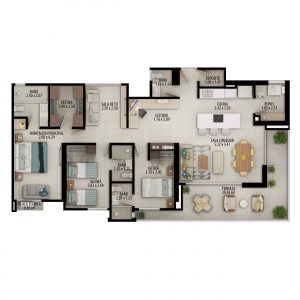 Planta apartamento tipo D2 - Área construida: 131.06m² Área privada: 117.90m² Área terraza: 10.53m² últimos pisos